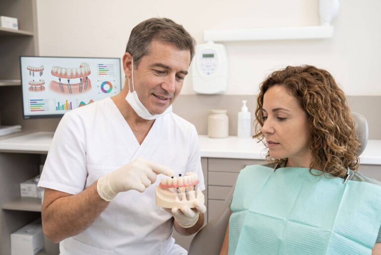 Dentista apresenta modelo de prótese protocolo para paciente em consulta na Odonto Caprio no Brooklin, tirando dúvidas sobre a fala.